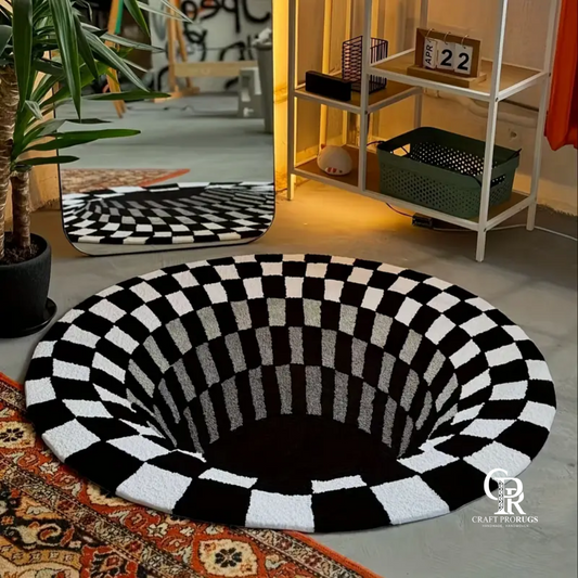 Black and white 3D optical hand tufted rug styled in a modern living space