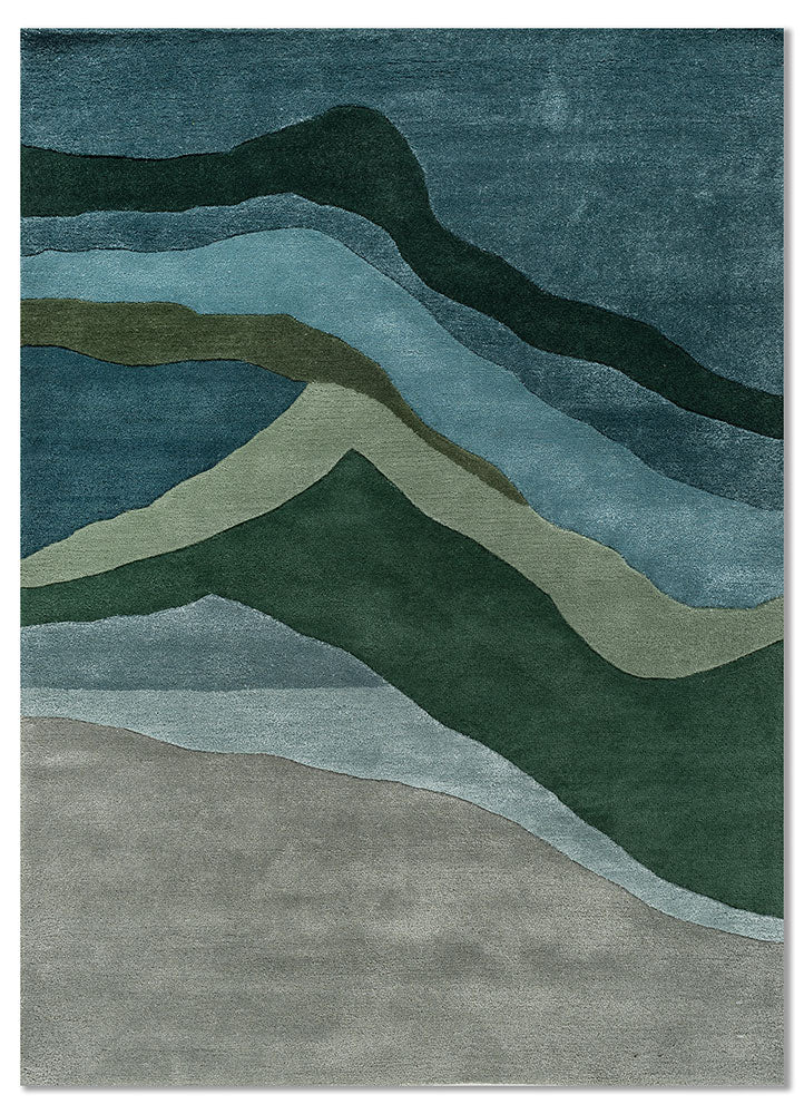 Full rug view of Verdant Ridge hand tufted wool rug showing complete abstract ridge pattern in green blue and grey tones.