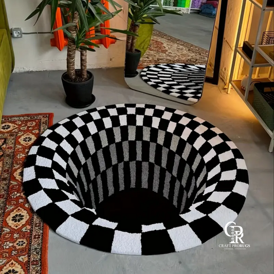 3D optical hand tufted illusion rug in black and white checkerboard design
