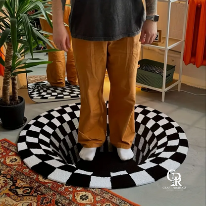 3D optical illusion hand tufted rug showing deep vortex checkerboard effect