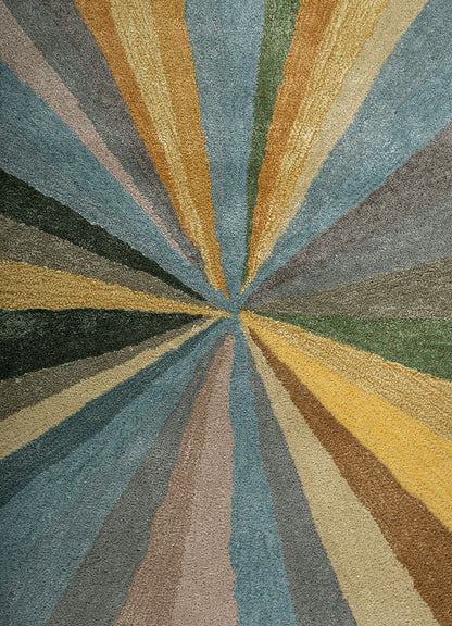 Full view of Aurora Rays hand tufted wool rug with radiant sunburst pattern.
