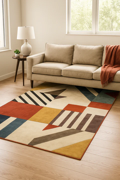 Geocraft Modern Abstract hand tufted wool rug styled in a modern living room highlighting abstract geometry and warm multicolor tones.