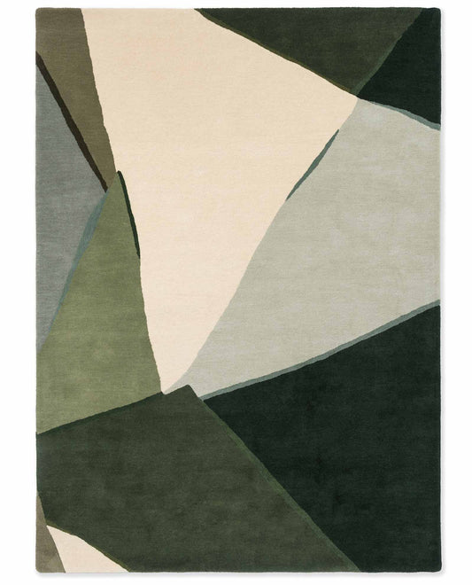 Harlequin Sumi hand tufted wool rug featuring abstract geometric design in layered green and neutral tones