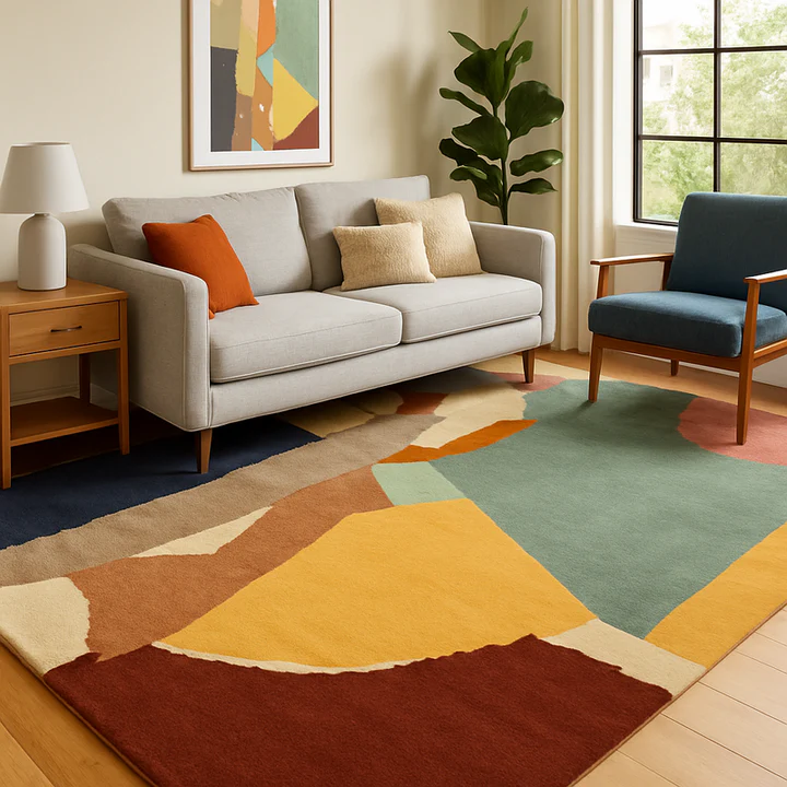 Layered Canvas hand tufted wool rug placed in a modern living room with warm earthy colors and abstract design.