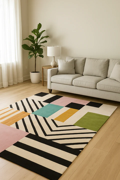 ModuLinea Abstract Geometric hand tufted wool rug styled in a modern living room highlighting abstract geometry clean lines and warm multicolor tones.