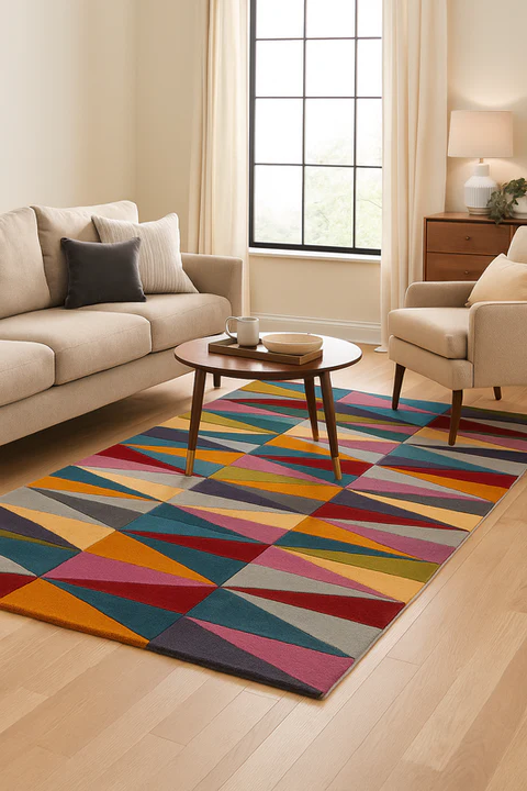 Prism Echo Multicolor Geometric hand tufted wool rug styled in a modern living room showcasing vibrant triangular pattern and bold multicolor tones.