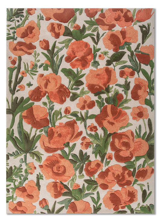 Hand tufted wool rug with floral rose pattern in coral and green tones shown in full view highlighting overall design and texture.