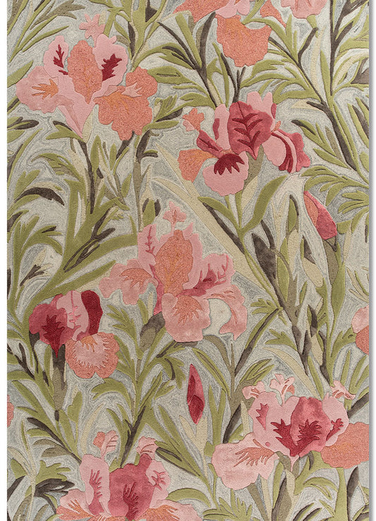 Hand tufted wool rug with serene floral pattern in soft pastel tones shown in full view highlighting overall design and texture.