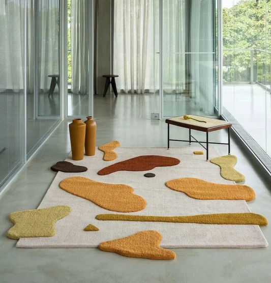 Full room view of Terra Bloom Abstract Wool Rug hand tufted wool rug with organic modern design.