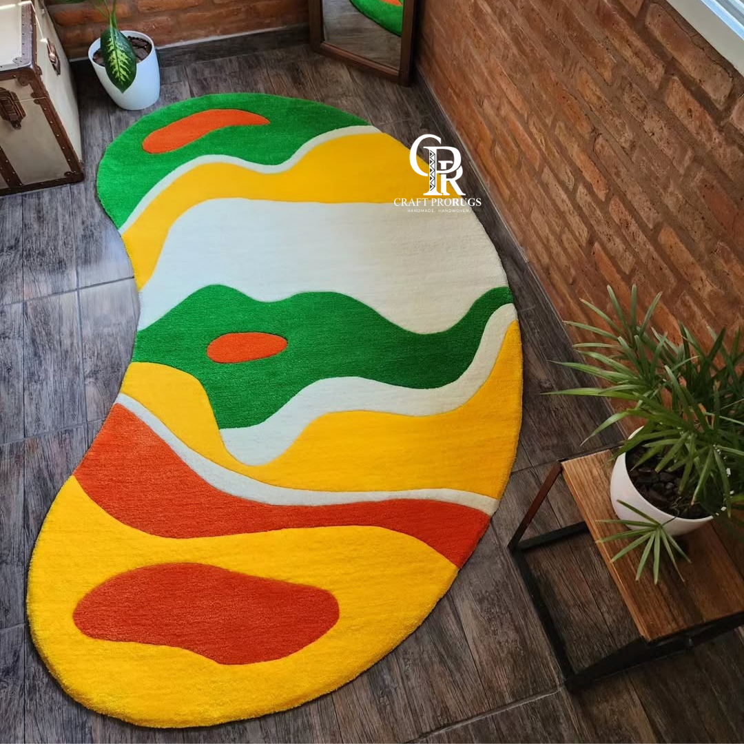 Abstract wavy multicolor hand-tufted rug placed in a modern living room