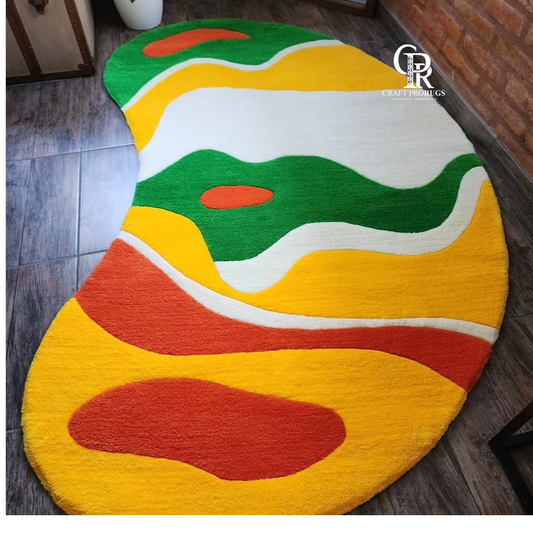 Hand-tufted multicolor abstract rug with bold wavy shapes in bright colors