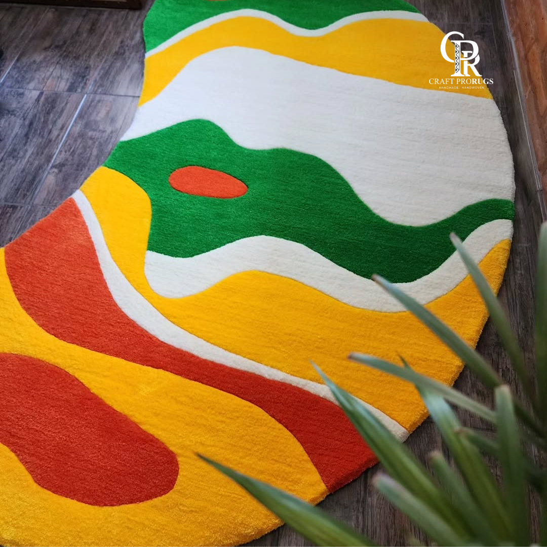 Abstract multicolor hand-tufted rug with wavy patterns styled near indoor plants