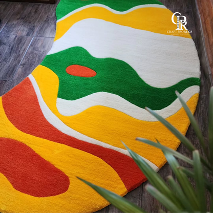 Abstract multicolor hand-tufted rug with wavy patterns styled near indoor plants