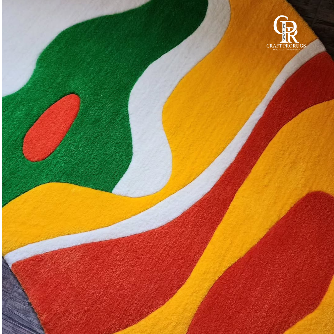 Colorful abstract wavy hand-tufted rug with organic flowing shapes