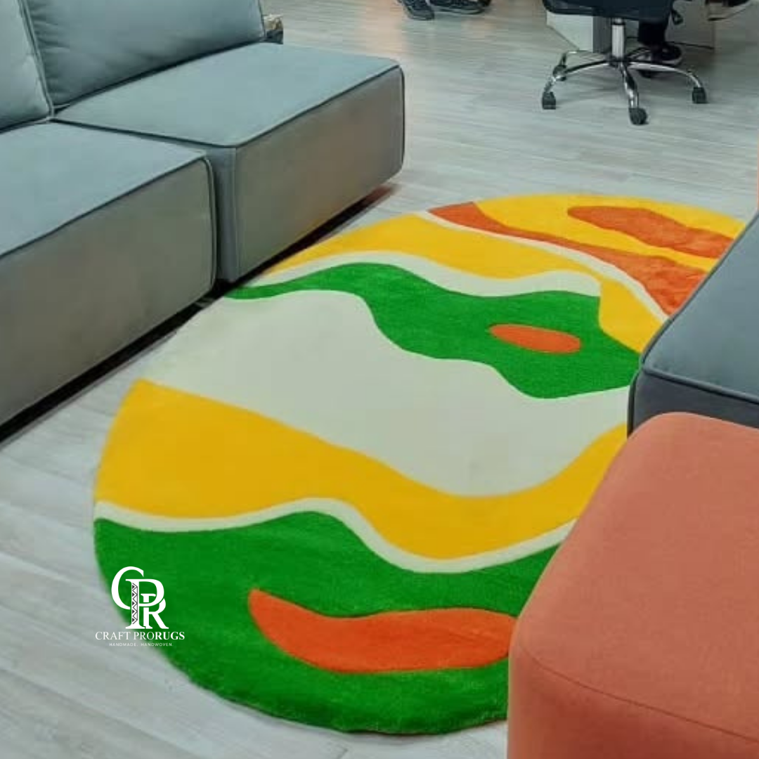 Modern living room with an abstract wavy multicolor hand-tufted rug