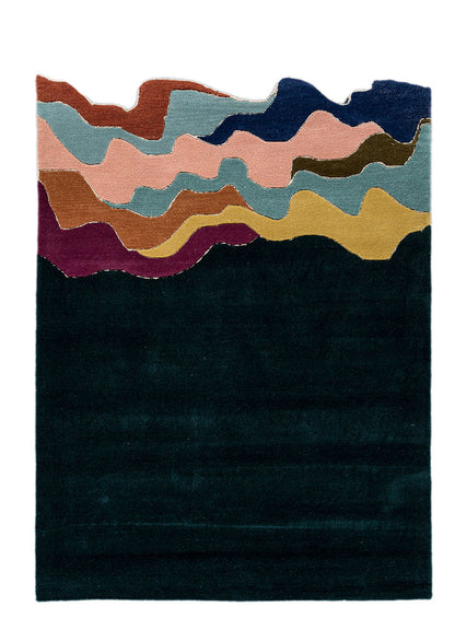 Hand tufted wool rug with abstract layered wave design, rich multicolor pattern on dark base for modern interiors.