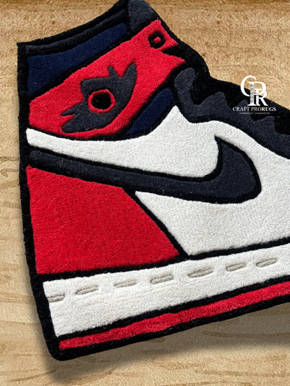 High-top Air Jordan Red Hand-Tufted Rug design featuring iconic sneaker styling and bold color contrast.