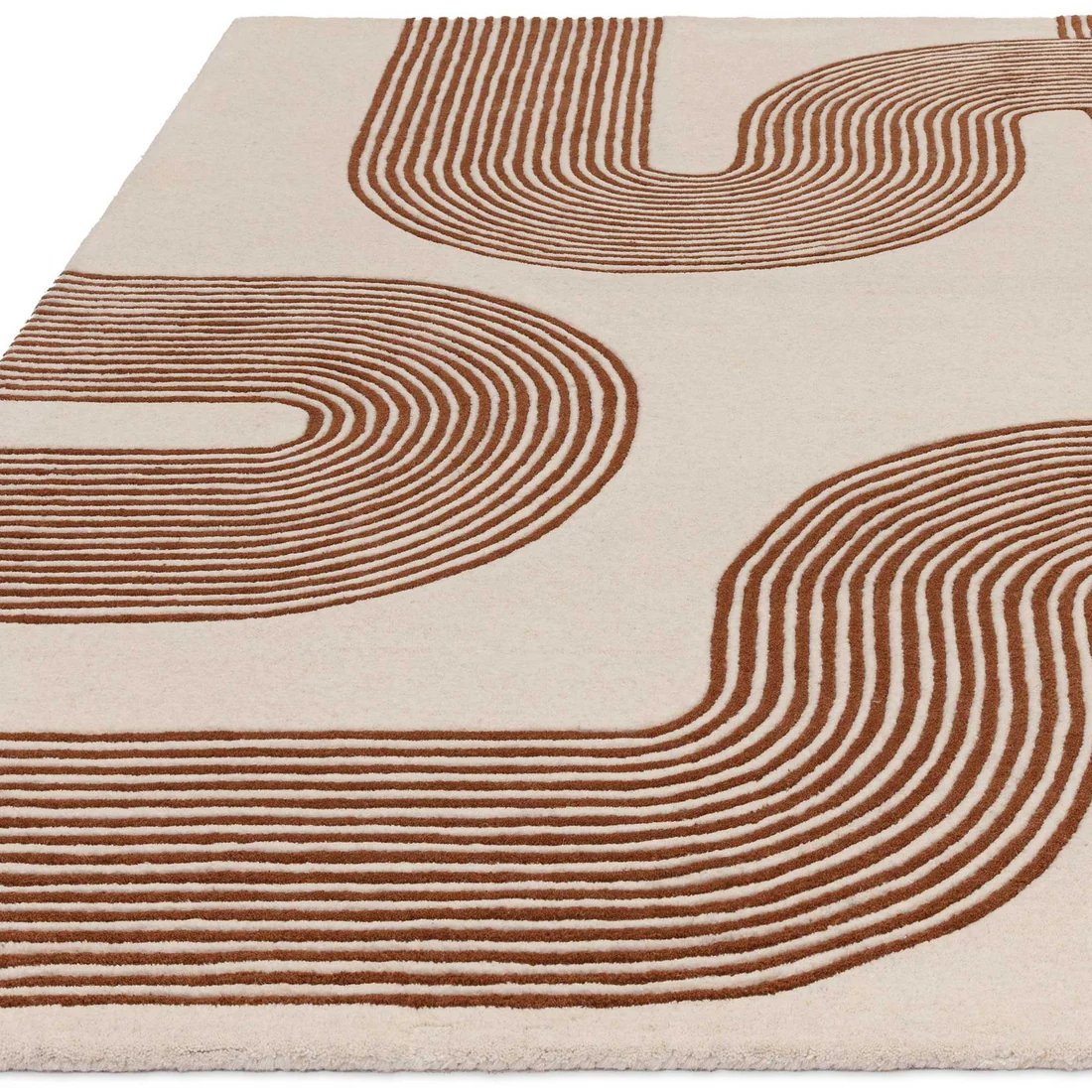Close view of Amity Terra Linear hand tufted wool rug highlighting smooth curved linear pattern in earthy brown shades