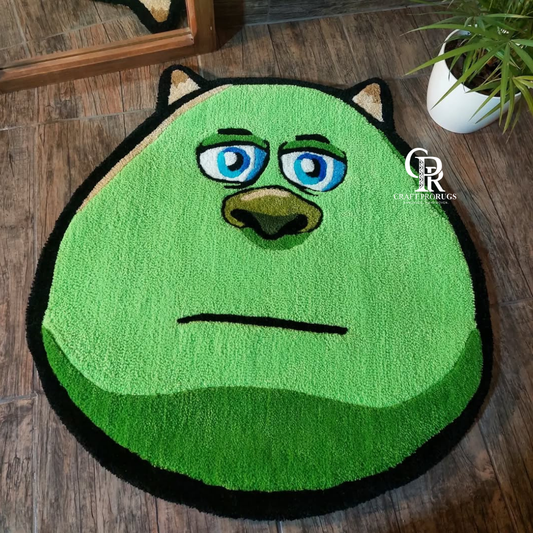 Bored Face Rug top view showing green face design with calm expression and blue eyes