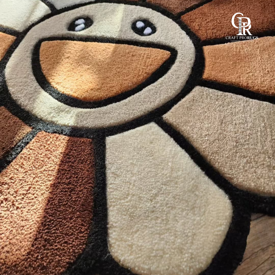 brown smiley flower hand-tufted rug close side view showing thickness, pile height, and tufted texture