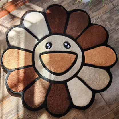 brown smiley flower hand-tufted rug front view, round flower shape, soft tufted yarn