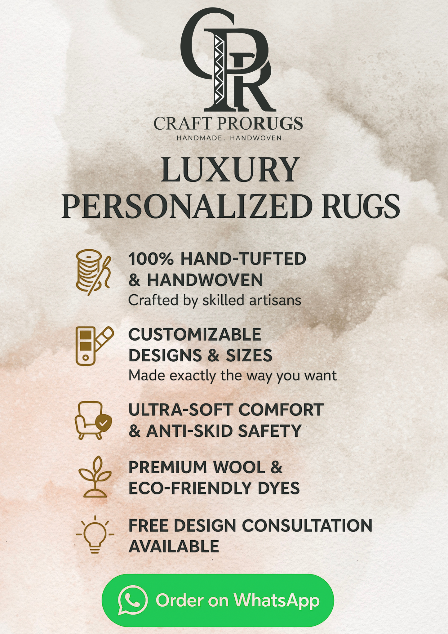 Craft Prorugs information sheet front view showing customization details, features, and icons on off-white background.