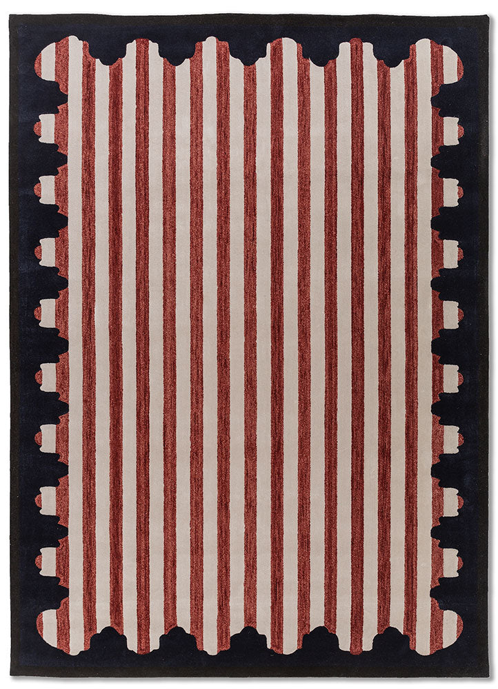 Full view of Crimson Rhythm Striped hand tufted wool rug featuring vertical crimson stripes with bold dark border.