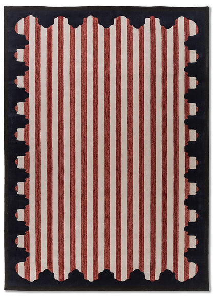 Full view of Crimson Rhythm Striped hand tufted wool rug featuring vertical crimson stripes with bold dark border.