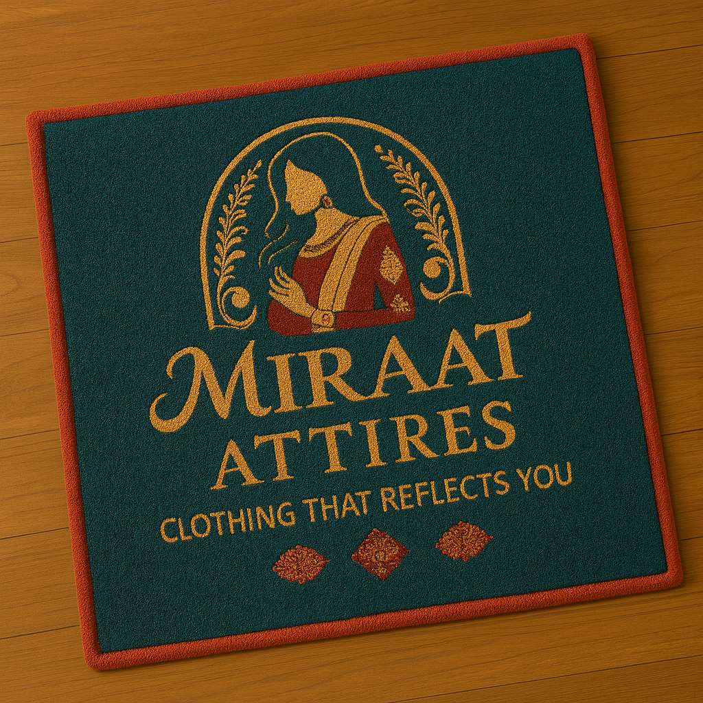 Green Miraat Attires rug angled view showing yellow logo on hand-tufted surface placed on wooden background.