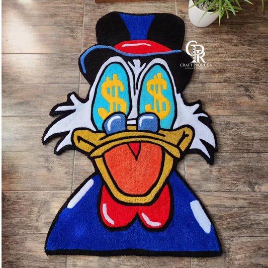 Hand-tufted Cartoon Duck Rug, top view showing full Scrooge Duck-inspired character design
