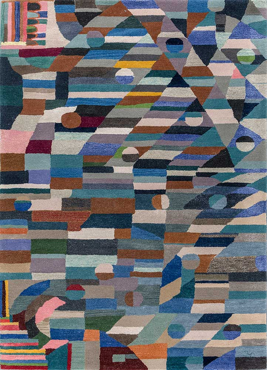 Top view of hand-tufted Geometric Mosaic wool rug showing vibrant multicolor patterns.