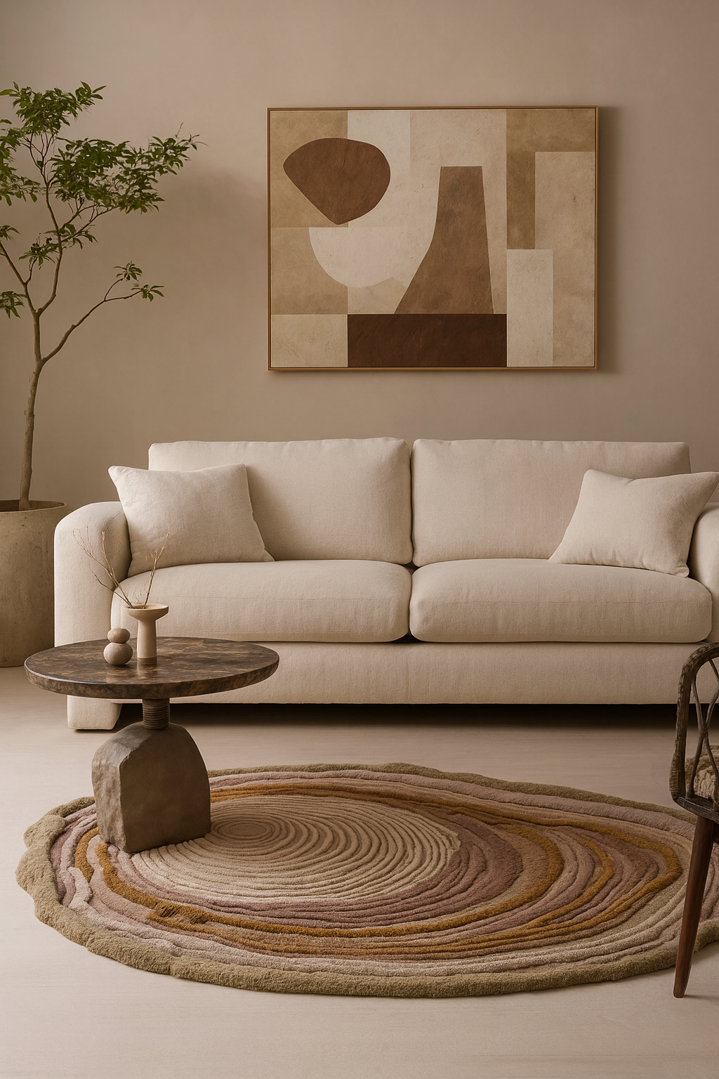Sandstone Swirl hand-tufted rug styled in a modern living room, adding warmth, texture, and neutral beige and sand tones to the space.

