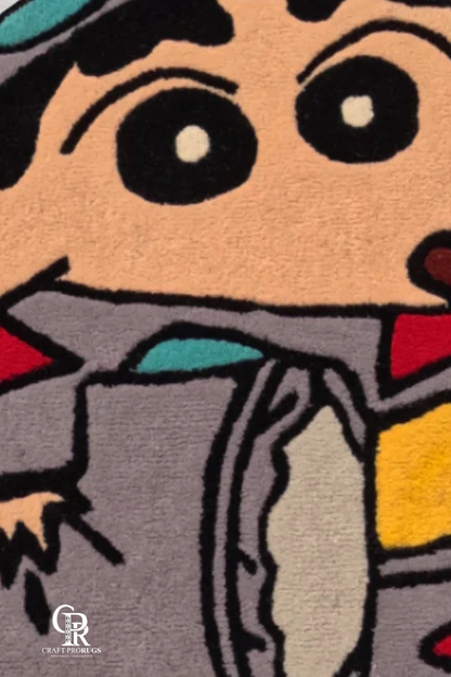 Close-up of hand-tufted Shinchan rug showing plush texture and detailed stitching.