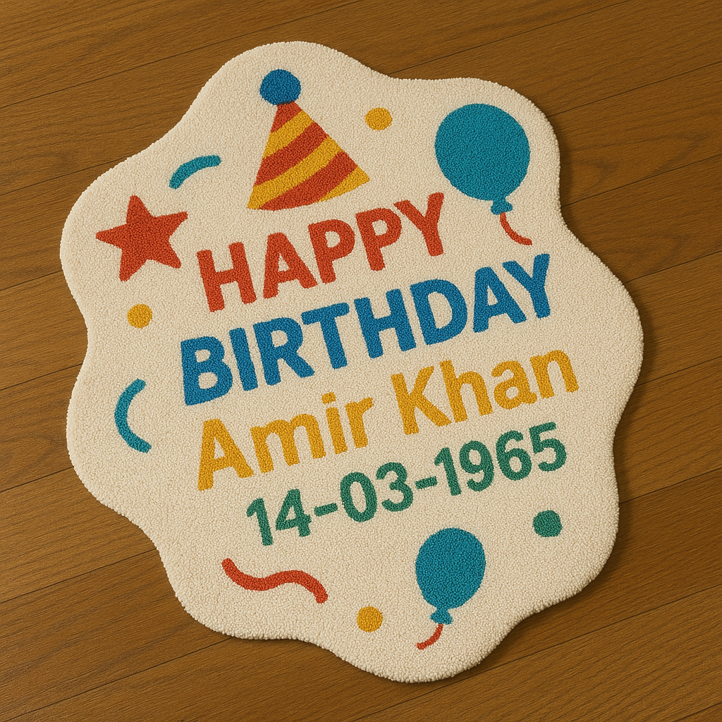 Custom Birthday Name Rug front view showing “HAPPY BIRTHDAY Amir Khan 14-03-1965” on a handmade birthday design rug placed on wooden background.