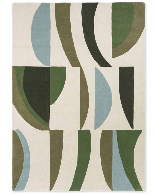 Full view of Harlequin Torillo hand tufted wool rug showcasing abstract curved pattern in green beige and blue tones