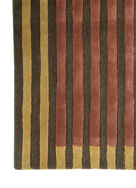 Linear Rhythm Earthtone hand tufted wool rug with modern striped design.