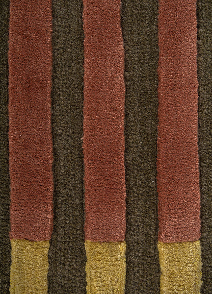 Striped pattern of Linear Rhythm Earthtone hand tufted wool rug.