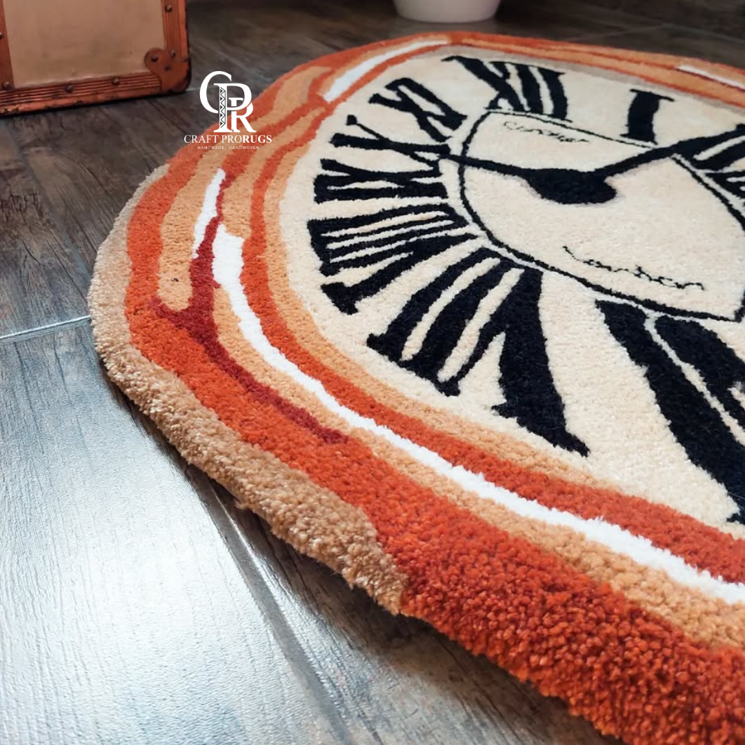 Side view highlighting the raised handwoven texture and curved design of the rug