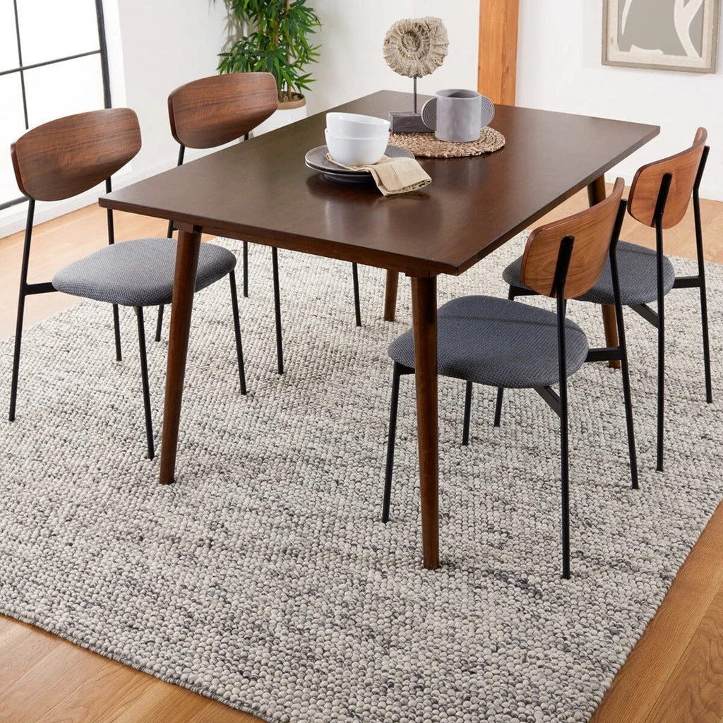 Pebble texture flatweave pure wool rug under dining table in contemporary home decor