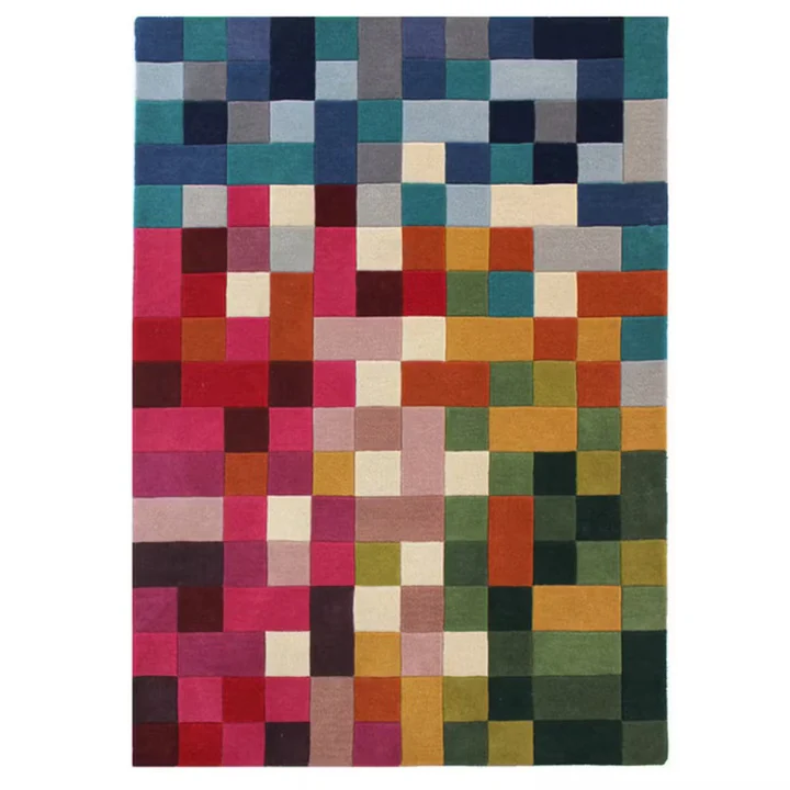 Full view of pixelia spectrum hand tufted wool rug showcasing vibrant multicolor pixel design in a rectangular shape.