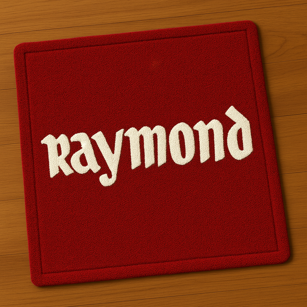 Red Raymond logo rug top view showing white brand text on hand-tufted rug placed flat on wooden surface.