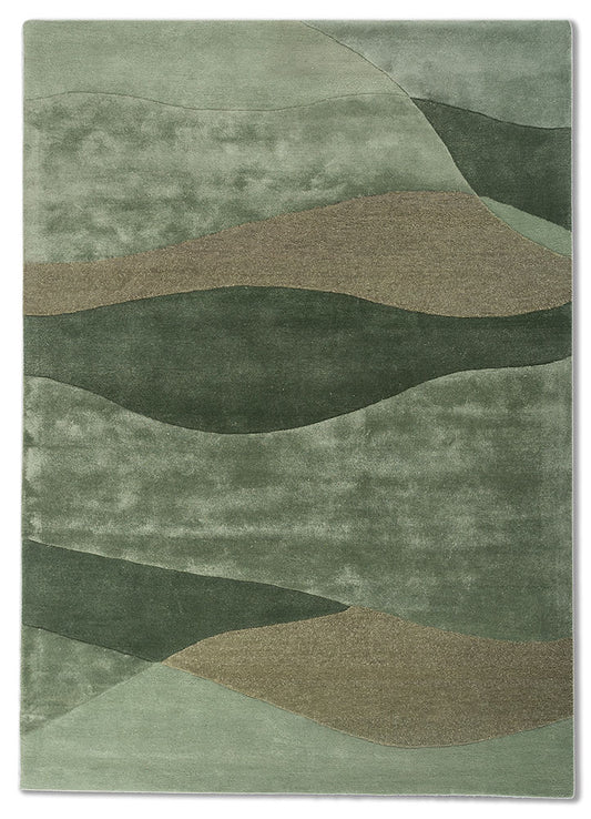 Full view of Sage Horizon hand tufted wool rug featuring layered green tones with soft flowing abstract pattern.