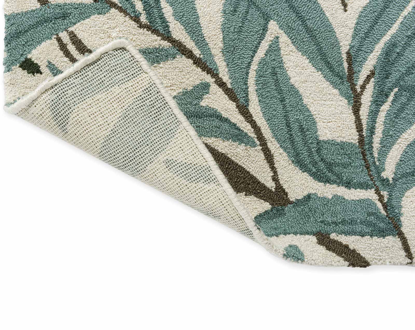 Back fold view of Willow Leafy Arbour hand tufted wool rug displaying flexibility durability and fine wool backing.