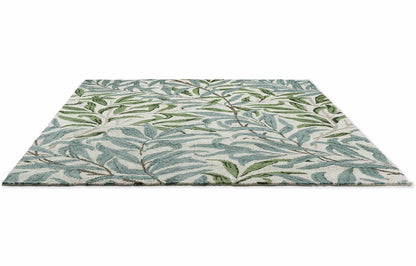 Top angle view of Willow Leafy Arbour hand tufted wool rug highlighting detailed leaf pattern and smooth wool texture.